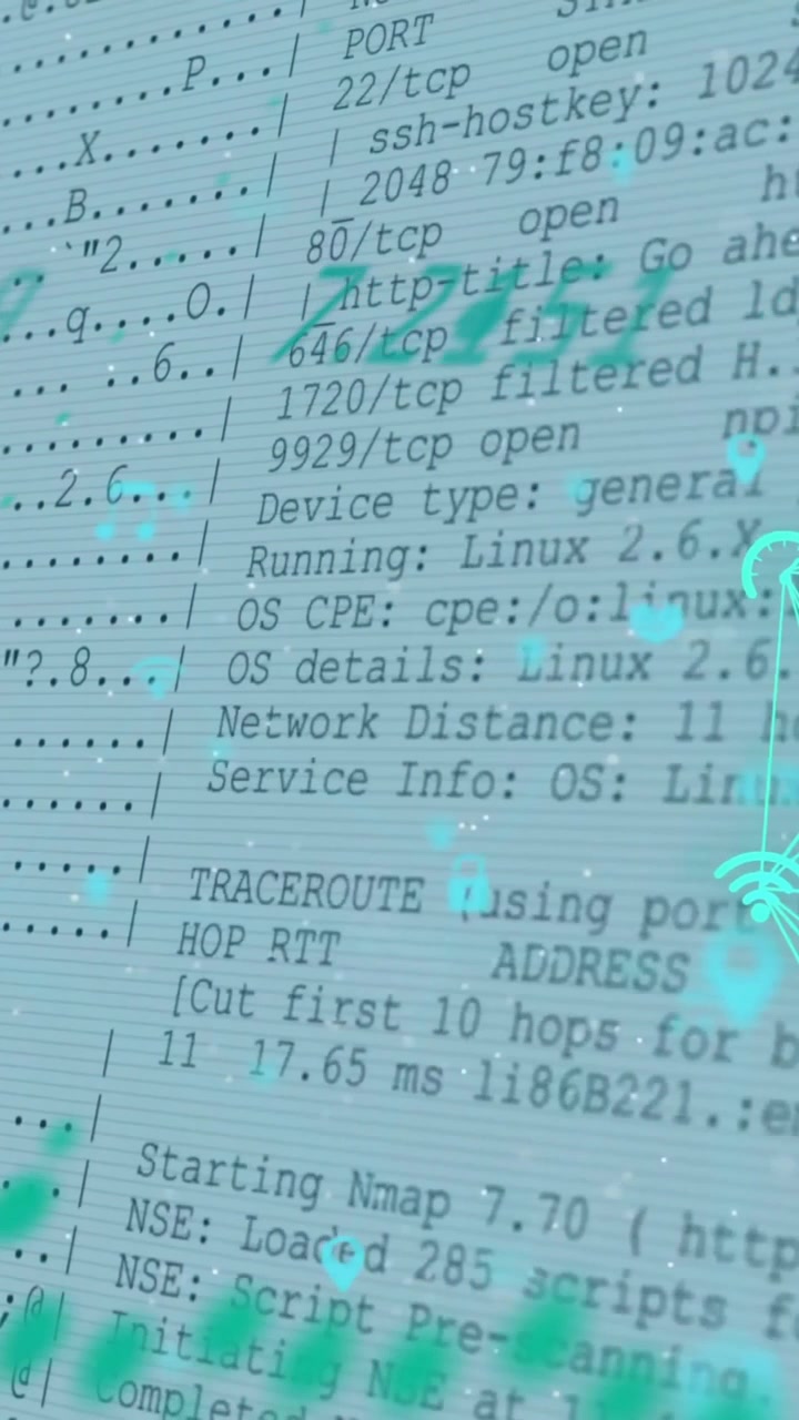Animation of network of connections with icons over data processing on white background