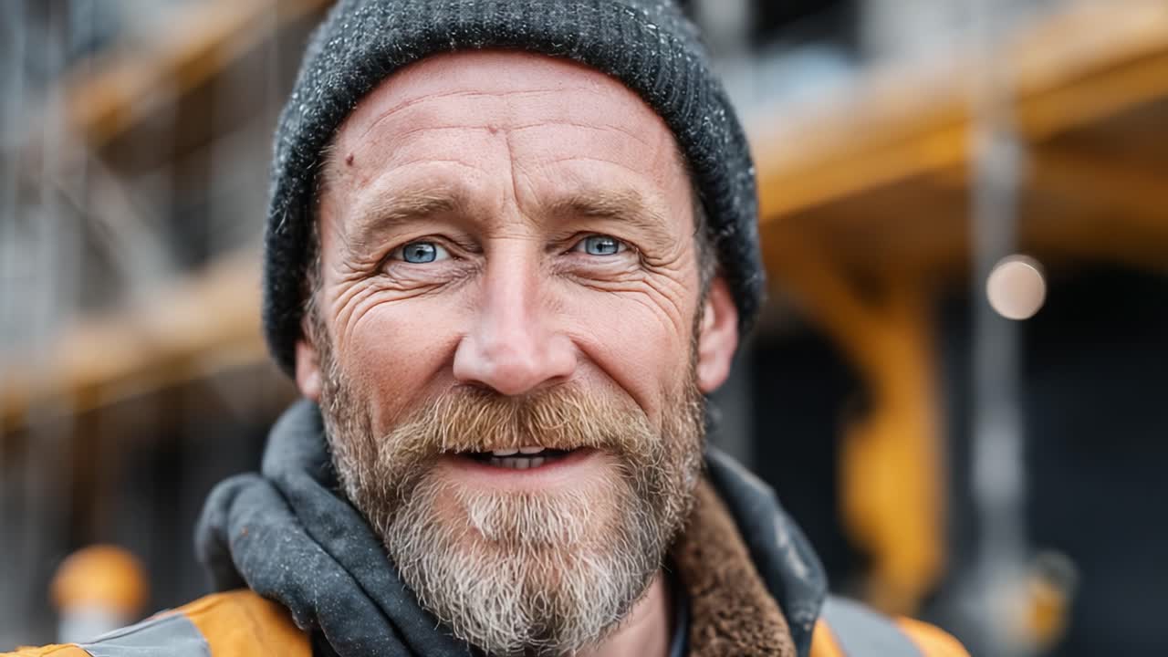 A Charismatic Construction Worker Smiles Radiantly in Front of a Building Site, Showcasing the Hard Work and Dedication of Skilled Tradespeople in Urban Development