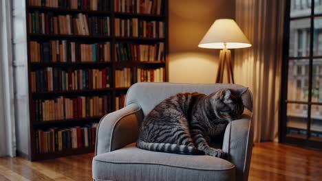 a cat resting in an armchair in a cozy home library