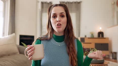 Influencer,-coffee-or-face-of-woman-on-video-call