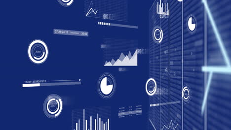 Animation of multiple graphs, loading circles and bars with binary codes on server racks