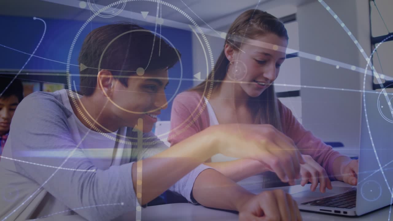 Network of connections against diverse boy and girl using laptop in the class at school