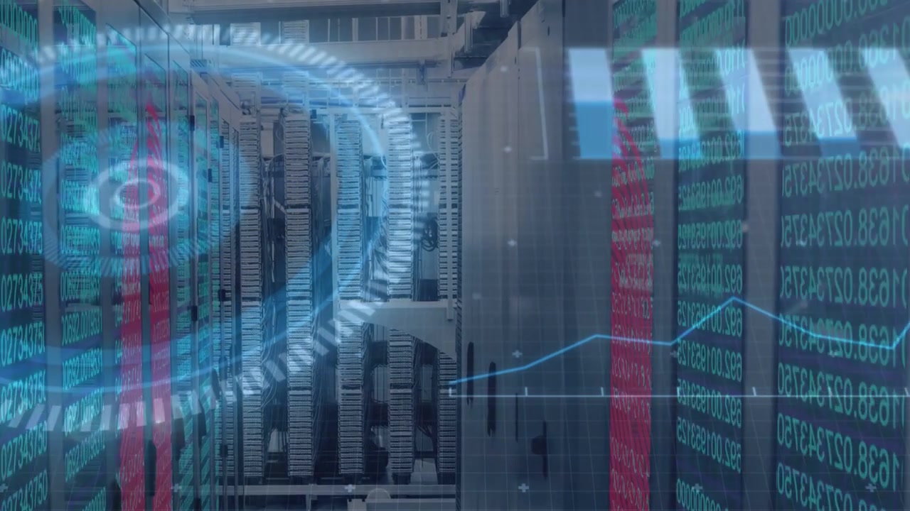 Pulsing HUD overlaying central server racks in data center, displaying teal red bars and line graph