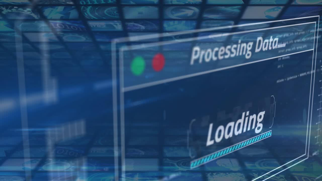 Digital grid receding triggers interface pane sliding in showing processing data loading progress