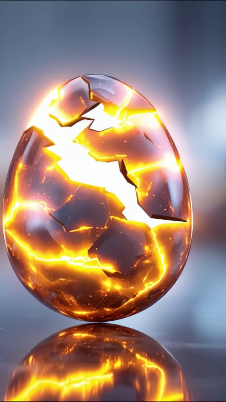 Uno splendido uovo decorativo si trasforma da una sfera infuocata e scintillante in un guscio incrinato, rivelando un interno luccicante in questo affascinante viaggio visivo.
