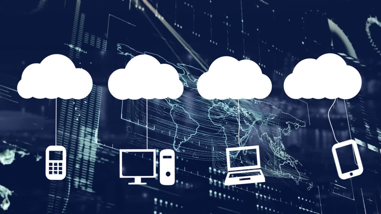 Animation of cloud icons and data processing over world map on black background