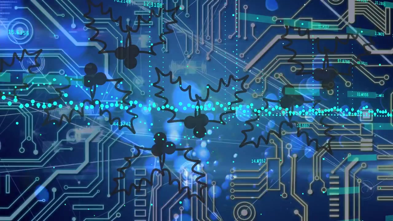 Animation of graphs, integrated circuit and holy on blue background