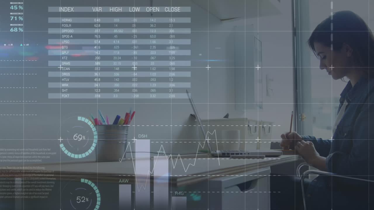 animación de estadísticas y procesamiento de datos sobre un empresario que usa una computadora portátil