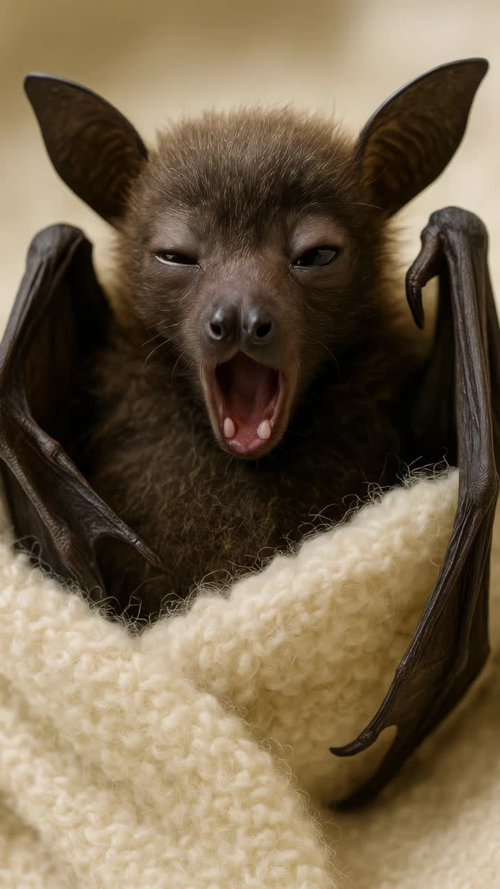 Close-up angle of a yawning bat wrapped in a cozy blanket, showcasing a cute and intimate moment