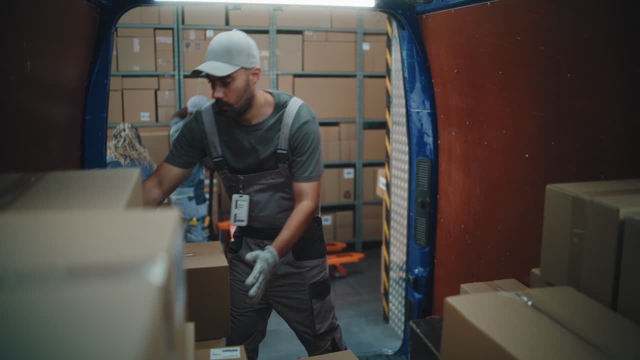 Logistics workers loading and unloading boxes from a delivery van at a warehouse