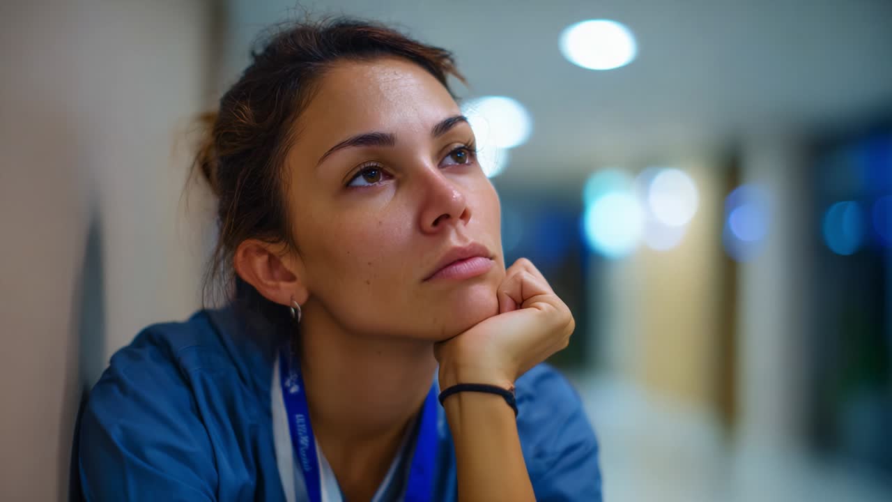 Contemplation in a Dimly Lit Corridor: A Young Woman Deep in Thought Reflects on Her Day, Expressing Emotions of Care and Resolution While Relaxing in a Quiet Space