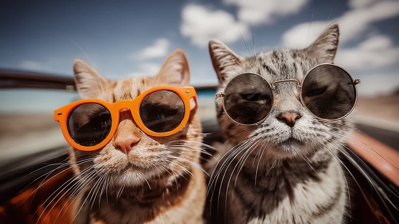 Due gatti fighi con occhiali da sole si godono un giro panoramico sotto un cielo luminoso, abbracciando un momento gioioso di avventura e amicizia in una giornata di sole.