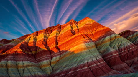vibrant striped mountain landscape at sunset