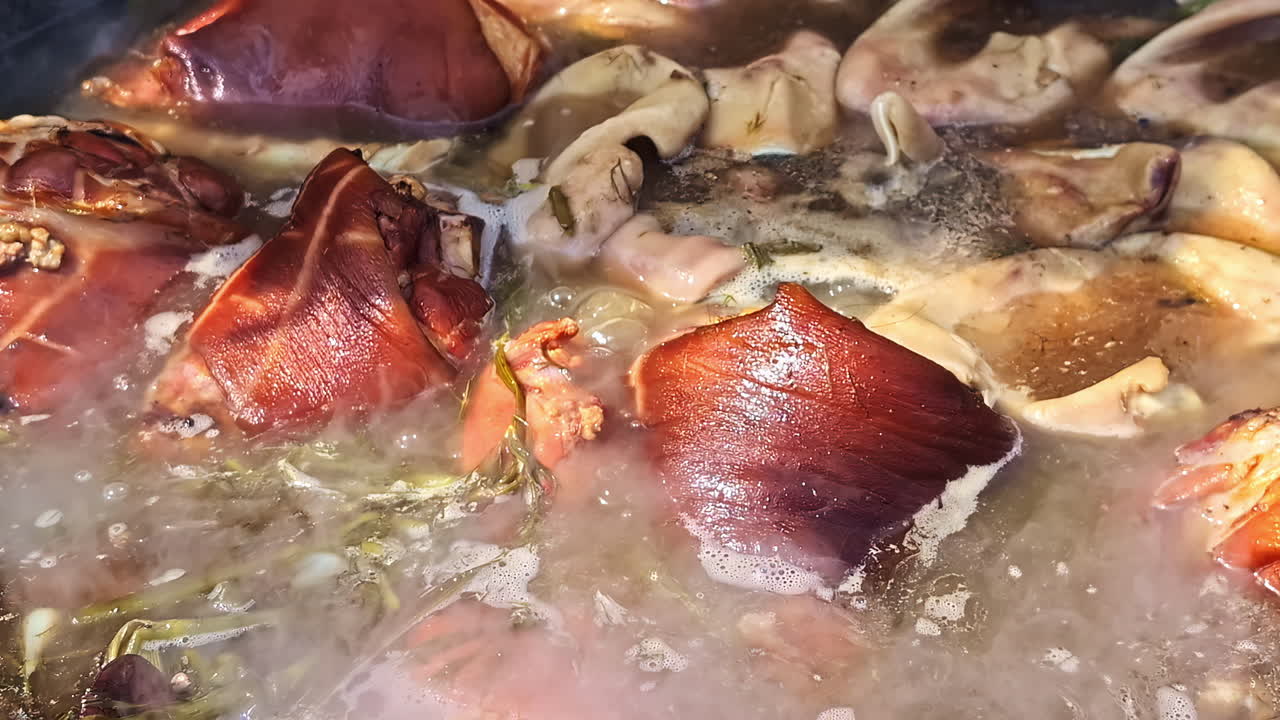 Boiling pig ears and snouts in seasoned broth for traditional meat preparation