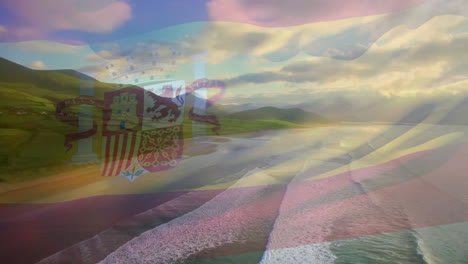 animation of flag of spain waving over beach landscape and cloudy blue sky