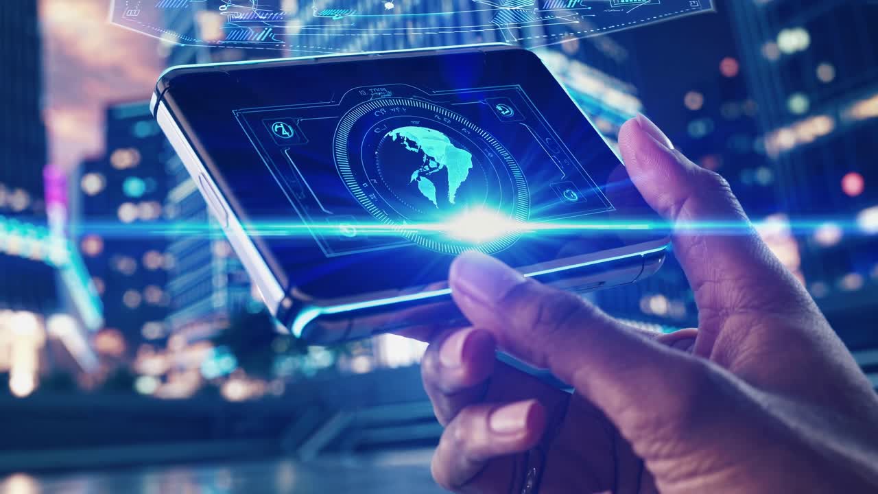 전 세계 금융 데이터와 은행 정보를 표시하는 미래의 스마트폰 앱, 한 사람이 운영하고, 배경에는 흐릿한 도시 풍경이 있습니다.