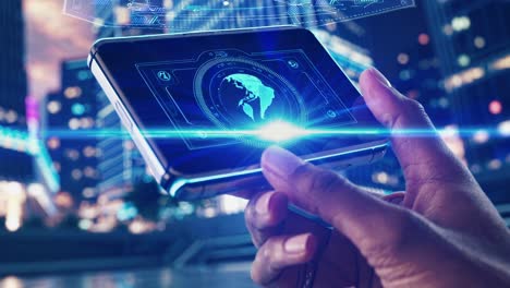 aplicación futurista para teléfonos inteligentes que muestra datos financieros globales e información bancaria, operada por una persona, con un paisaje urbano borroso en el fondo
