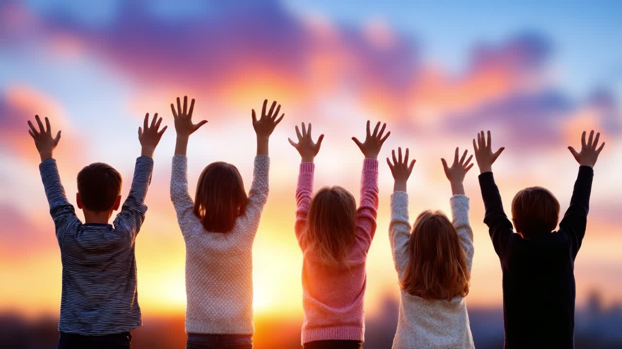 A Group of Children Joyfully Celebrating Against a Beautiful Sunset, Raising Their Hands High as They Embrace the Moments of Happiness, Freedom, and Togetherness