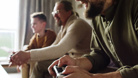 caucasian men and boy in the living room