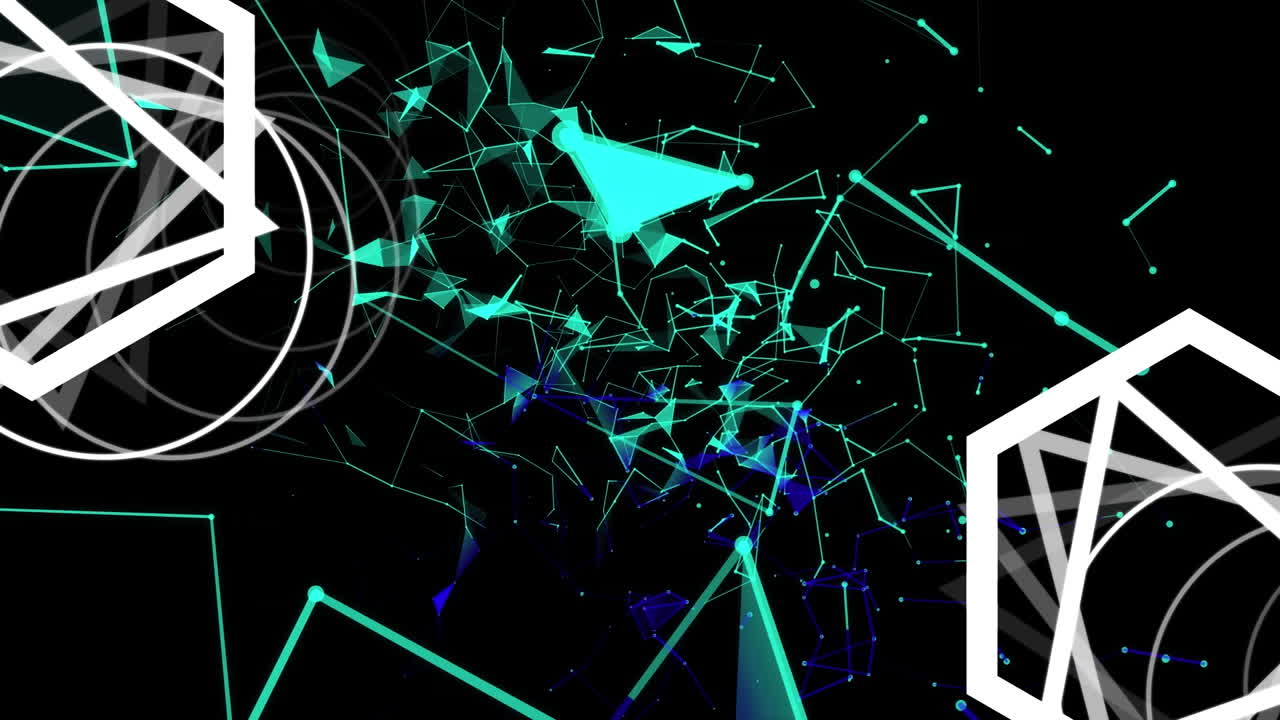 움직이는 기하학적 연결과 검은 바탕에  ⁇ 색 기하학적 모양의 애니메이션