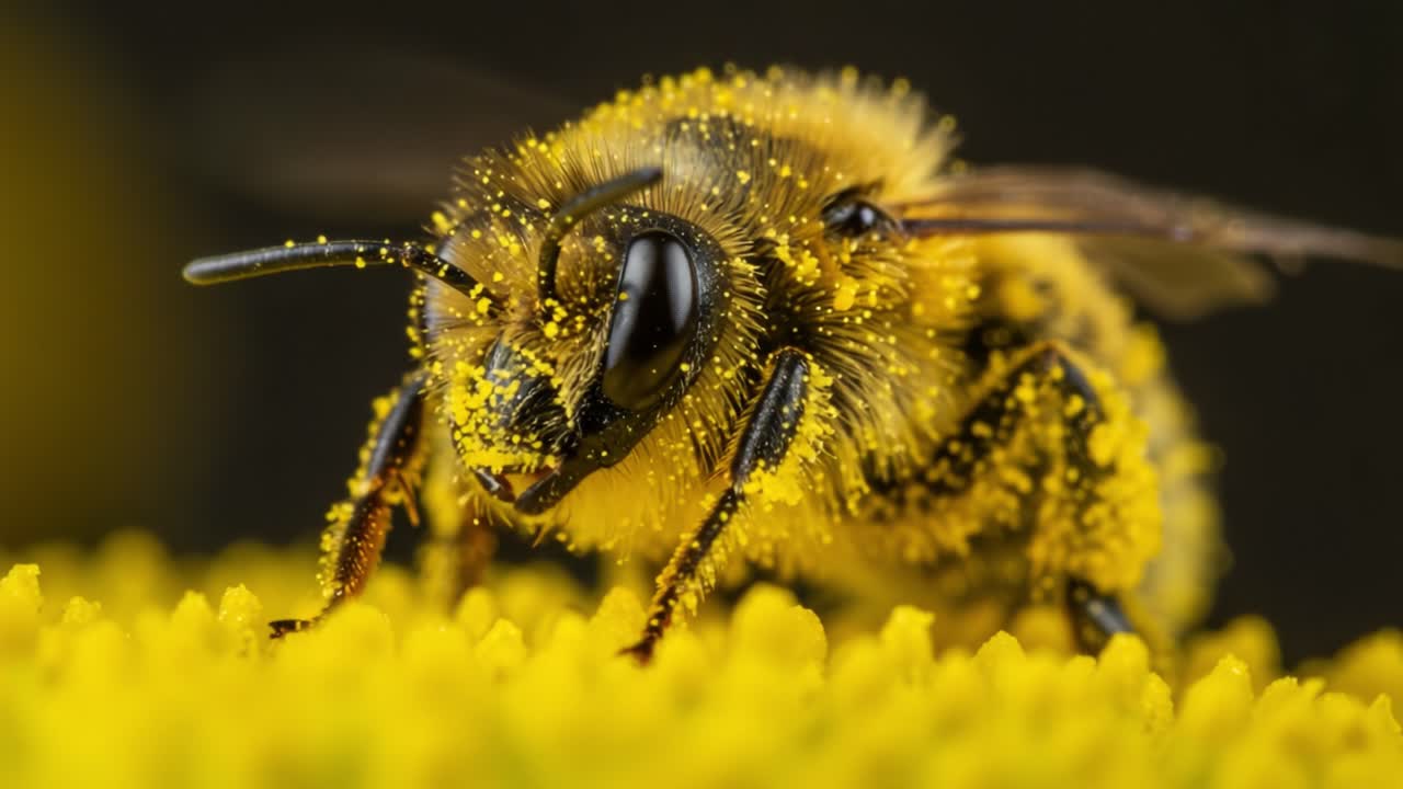 A Close-Up Exploration of a Pollinating Bee Gathering Pollen from Vibrant Yellow Flowers, Showcasing Nature's Intricacies and Vital Ecosystem Contributions