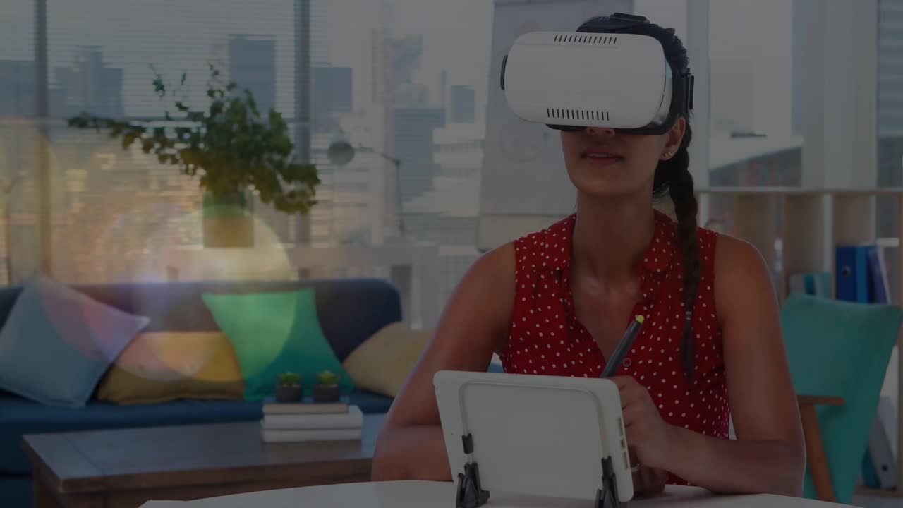 animación de puntos de luz sobre una mujer biracial con auriculares vr