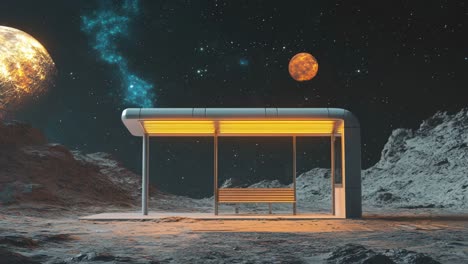 futuristic space bus stop at night