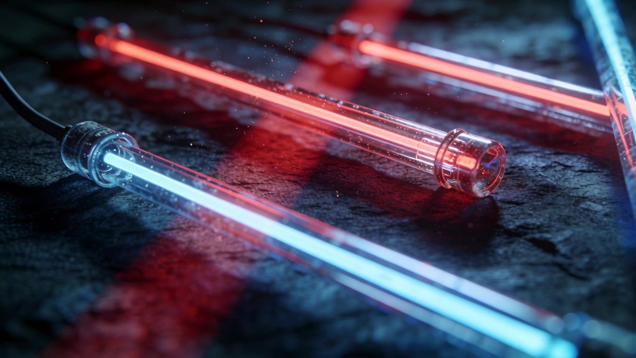 Moving camera forward revealing caps while shifting red band enhancing glow on lit tubes on stone
