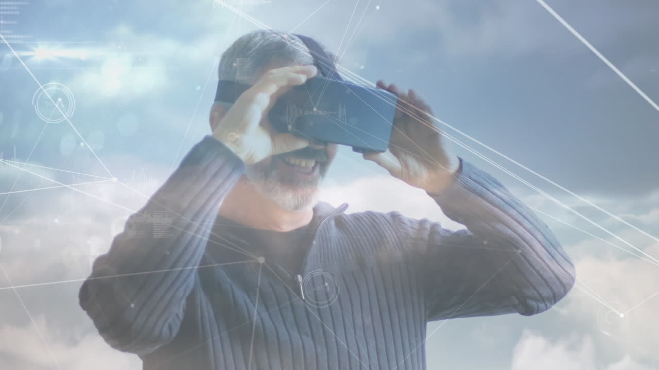 animación de la red de conexiones sobre el hombre de negocios que usa auriculares vr