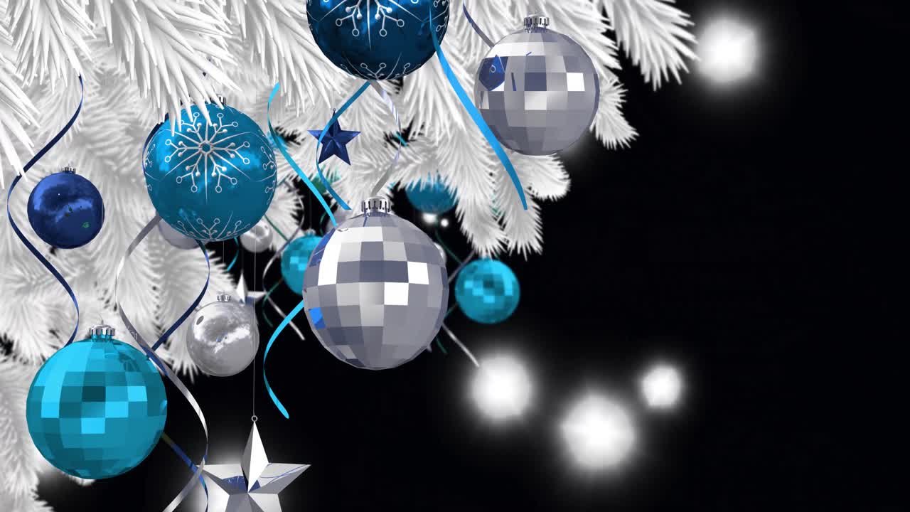 animación de bolas en el árbol de navidad sobre luces en fondo negro