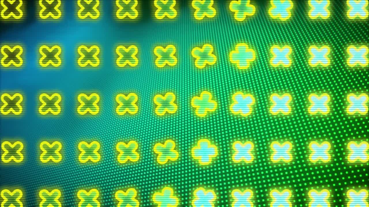 파란색과 노란색 배경 위에 여러 개의 십자가의 애니메이션