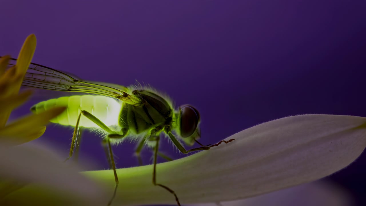 Vista laterale ravvicinata di una mosca posata su un petalo di fiore bianco, isolata su uno sfondo viola liscio con profondità di campo ridotta e luce naturale soffusa.