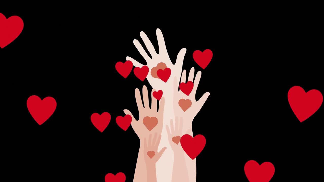 animación de los iconos de las manos y el corazón sobre fondo negro