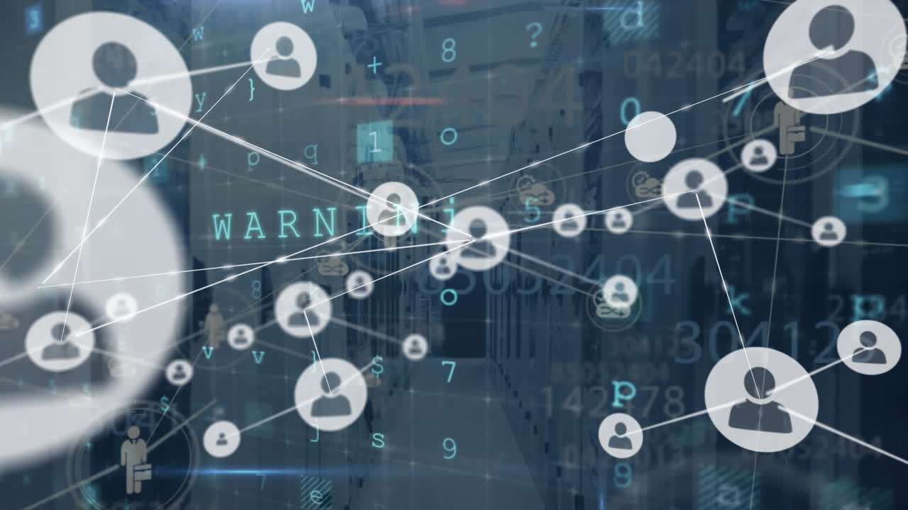 Animazione di una rete di connessioni con icone su server di computer