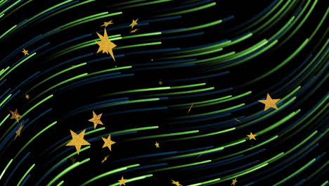 golden stars and colorful light trails animation on black background