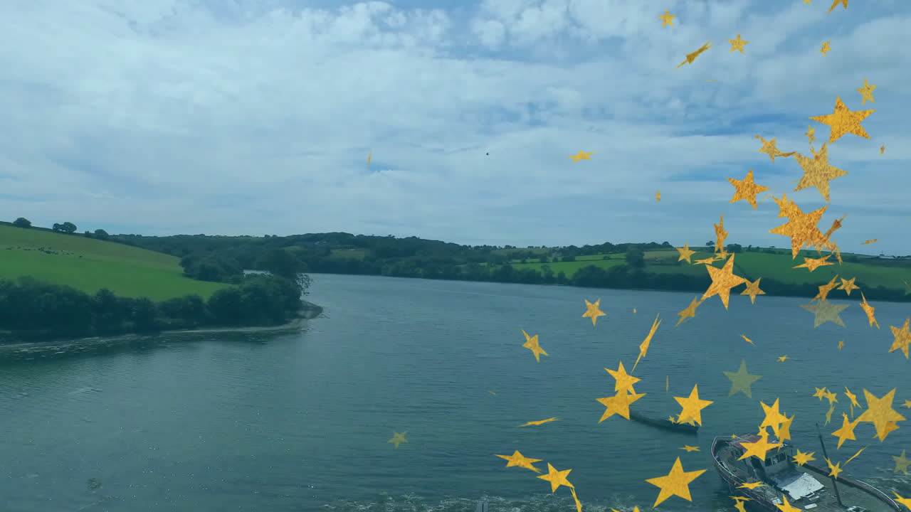 Calm river water flowing through rural hills, showing moored boat and gold stars in flat design