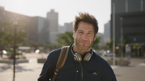 portrait of cool attractive caucasian man looking confident smiling at camera in city at sunset enjoying urban lifestyle