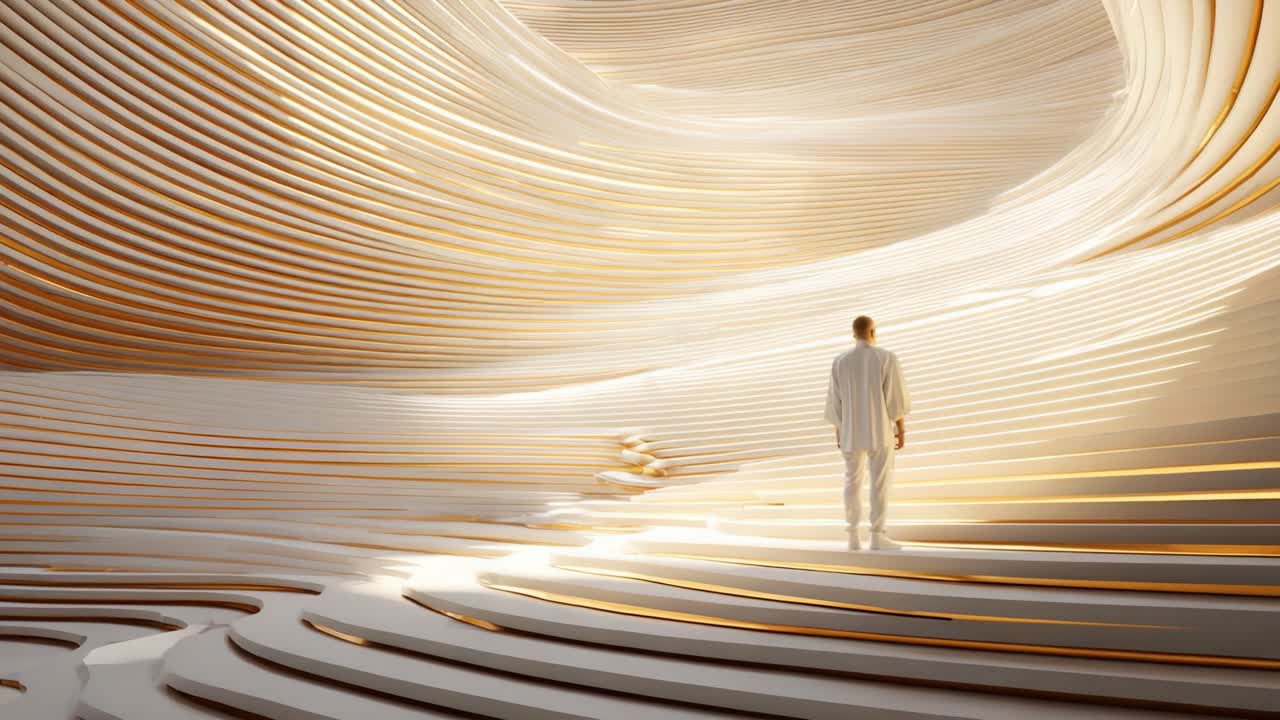 A Solitary Figure Navigates the Ethereal Landscape of Flowing Geometry and Soft Luminescence, Captured in Serene Harmony and Minimalist Aesthetic