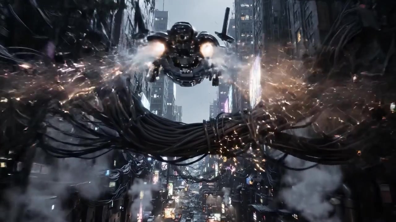 A Dystopian Urban Landscape Immersed in a Dark Atmosphere, with Intricate Networks of Wires and Electric Currents Connecting Towering Skyscrapers