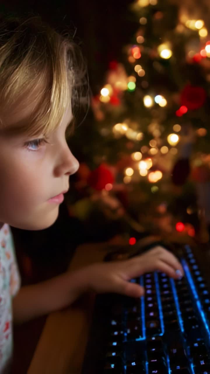A Young Child Focuses Intently on a Computer Keyboard Illuminated by Colorful Christmas Lights in the Background, Capturing the Spirit of Holidays and Modern Technology in a Cozy Atmosphere