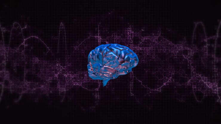 Animation of human brain over purple firework and dna strand