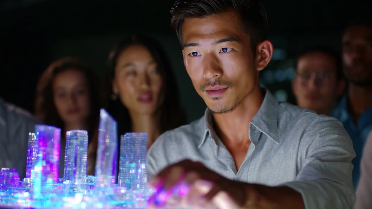 Innovative Urban Planning Concepts Come to Life as a Designer Intently Explores a Glow-In-The-Dark City Model, Illustrating Modern Architecture and Visionary Designs for Future Developments