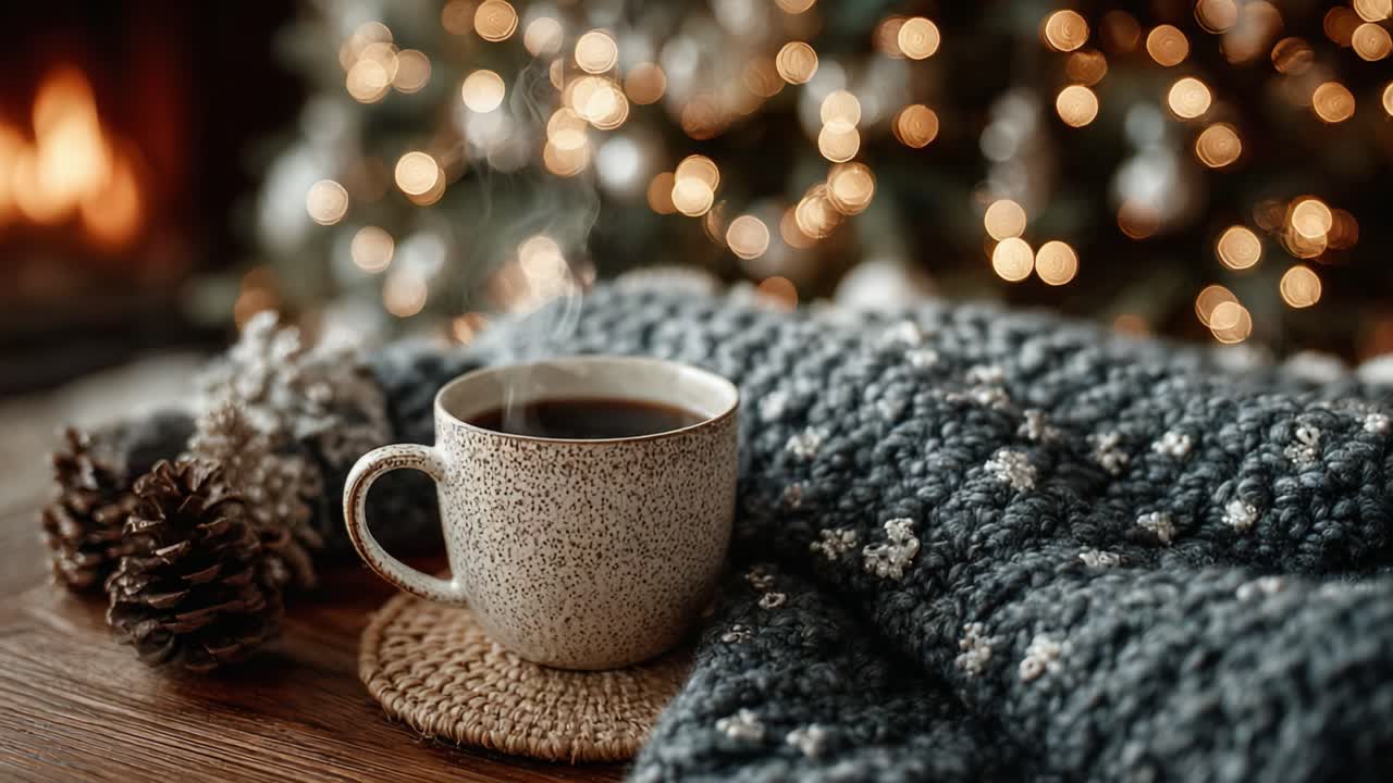 A Cozy Winter Scene Featuring a Warm Cup of Coffee Nestled on a Soft Knit Blanket Surrounded by a Sparkling Christmas Tree Aesthetic, Perfect for Seasonal Relaxation and Comfort