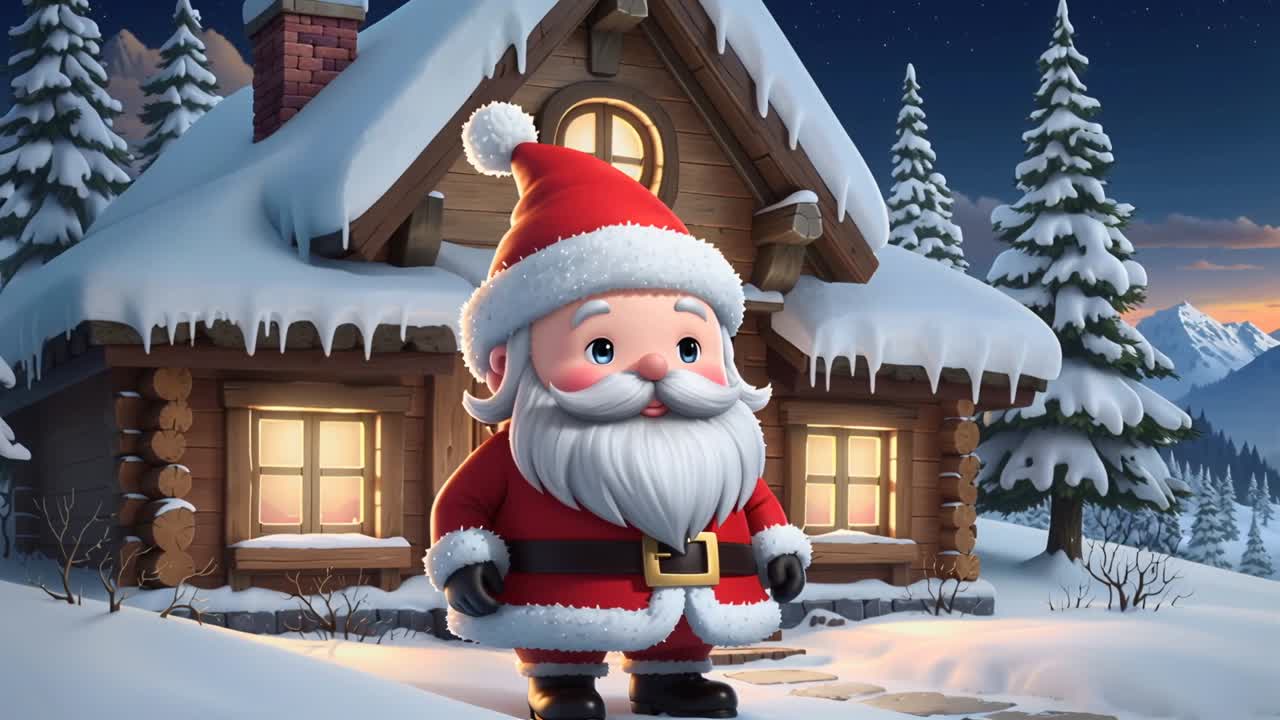 Hearing distant sound, Santa Claus awakening and scanning snowy log cabin, with mountain panorama