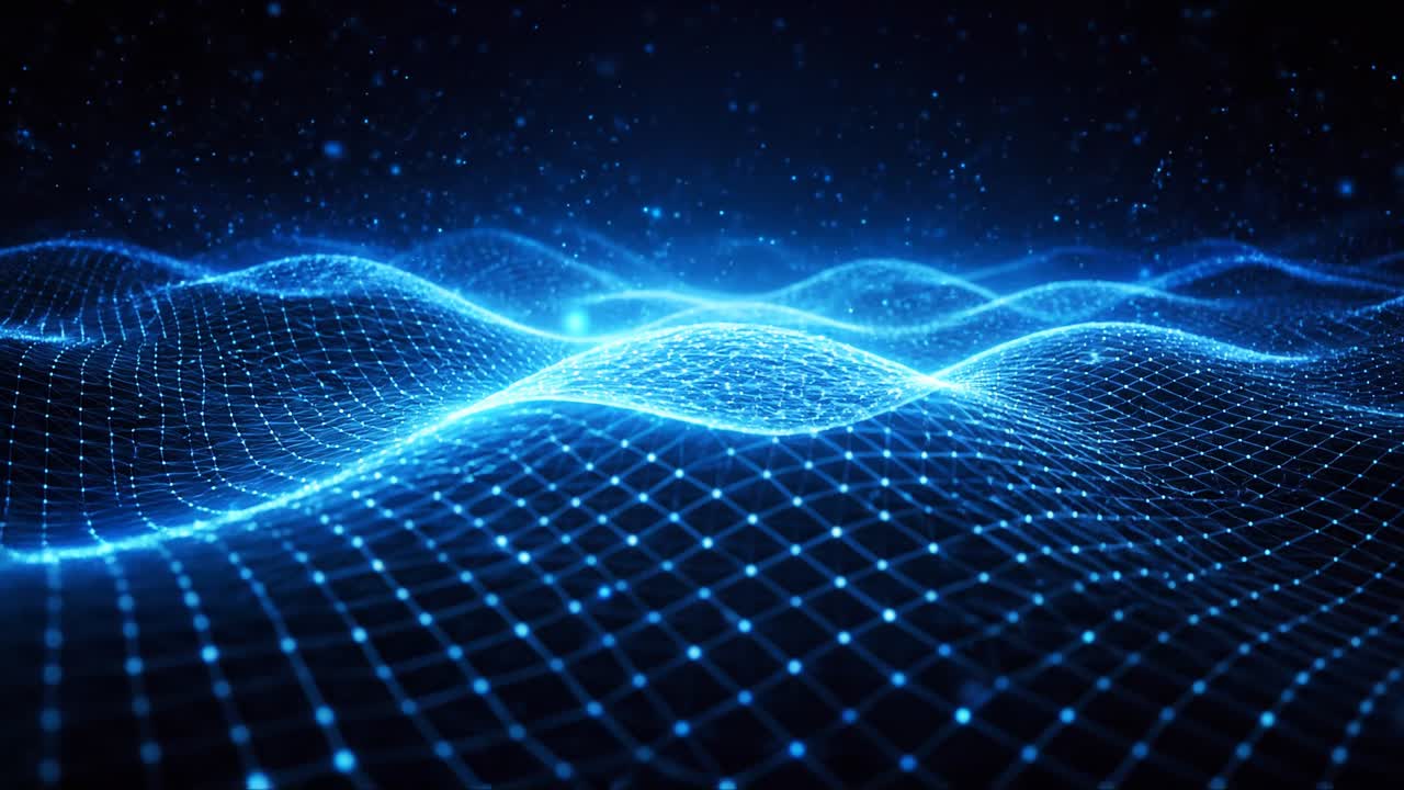 Abstract blue digital wave grid animation with glowing particles and depth