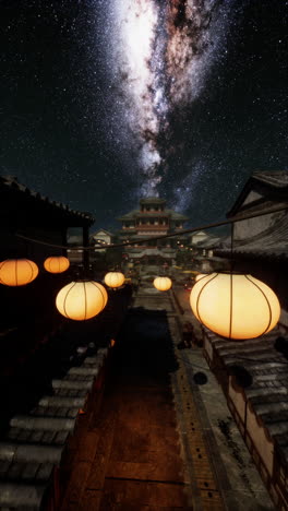 night view of a chinese town with the milky way in the sky