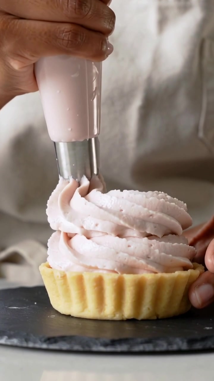 Vertical video: Placing piping bag, hands in chef coat piping pink swirl decorating tart at counter