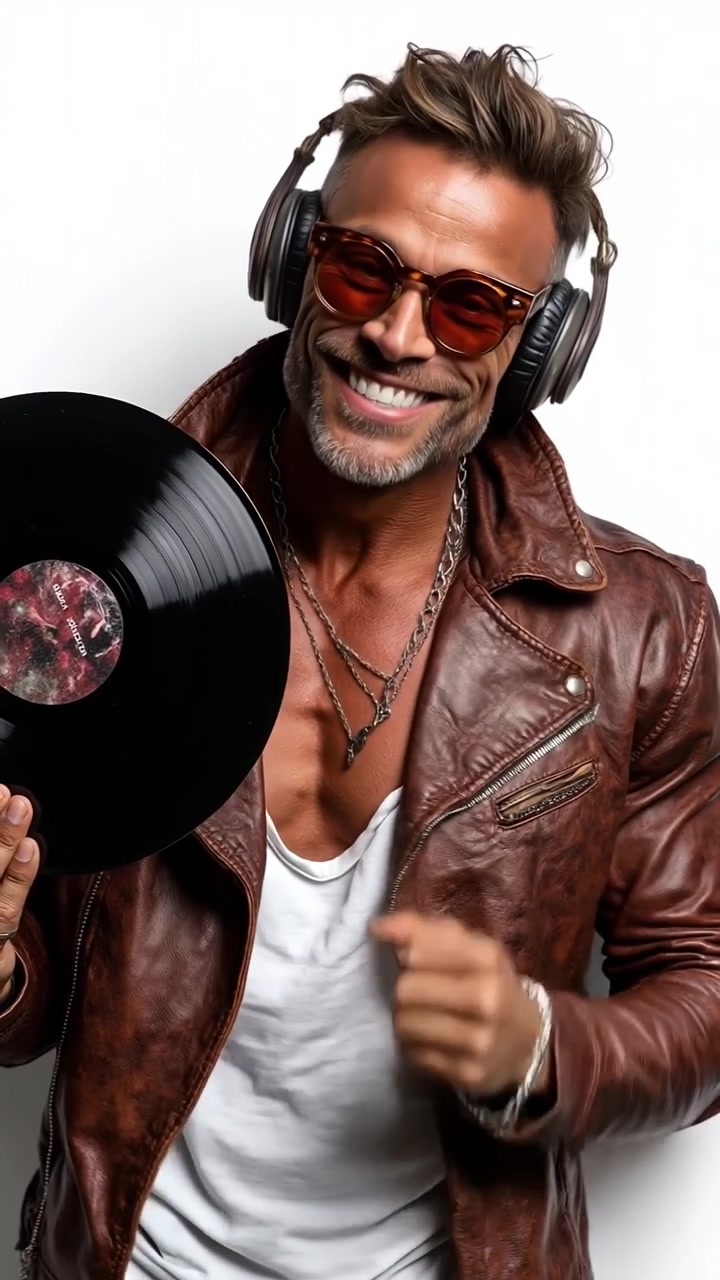 Uomo allegro con una giacca di pelle, che indossa cuffie e tiene in mano un disco in vinile su uno sfondo bianco.