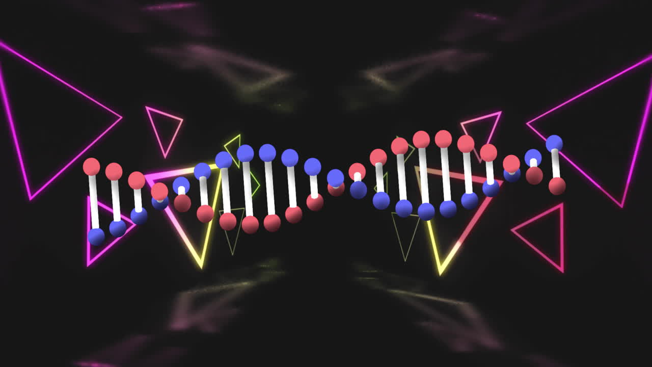 3D DNA helix floating in dark space, highlighting red blue spheres with white rods, neon triangles