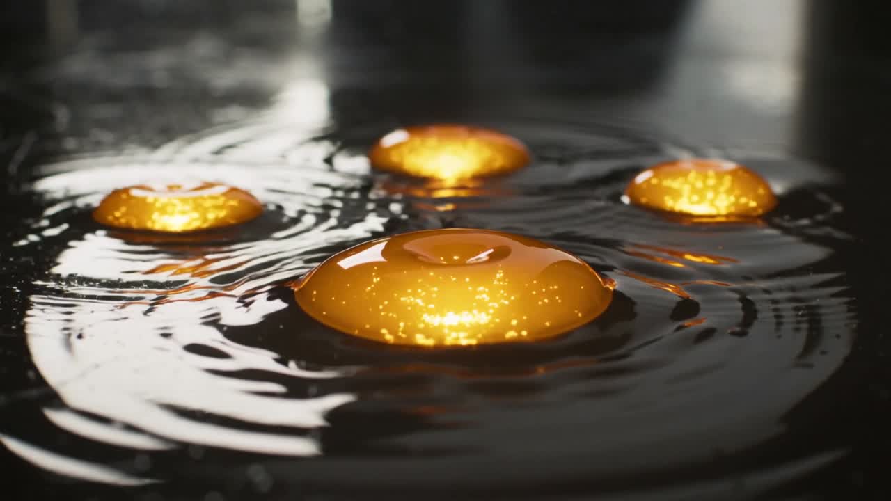 Central golden droplet starting expanding, pushing ripples across black plate for science demo